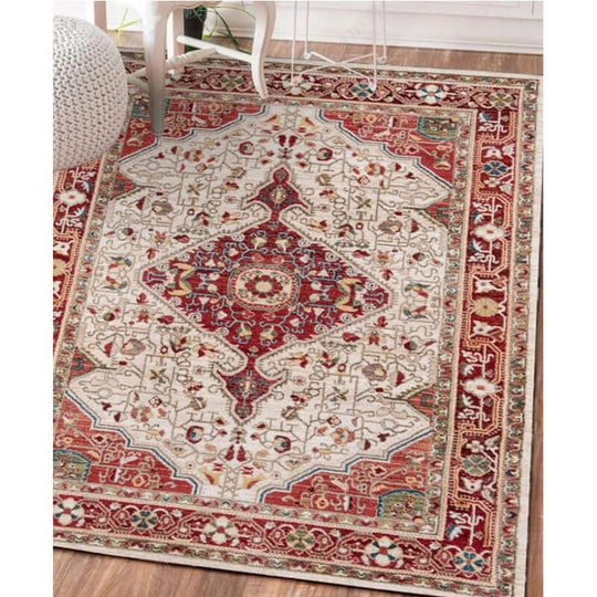 Traditional red and cream carpet with intricate patterns, ideal for enhancing living room decor.