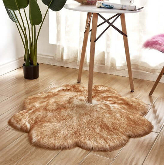 Cozy artificial woolen carpet rug in a floral shape, enhancing interior decor with plush fabric texture.