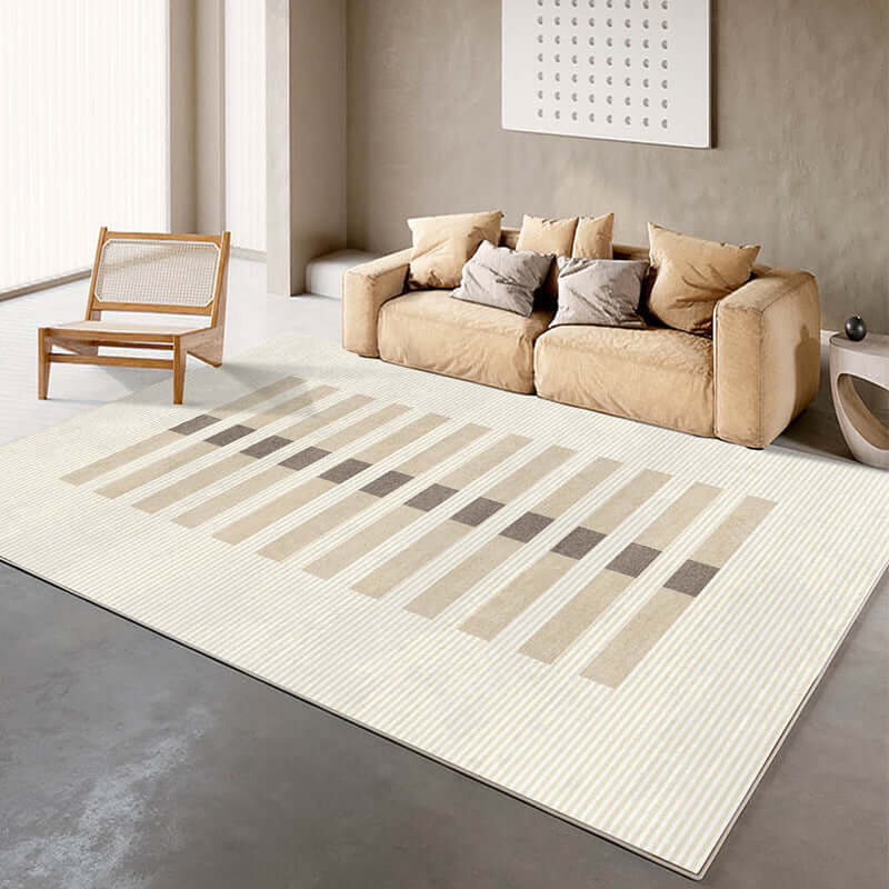 Minimalist line thickened art carpet in a modern living room with beige couch and stylish chair.