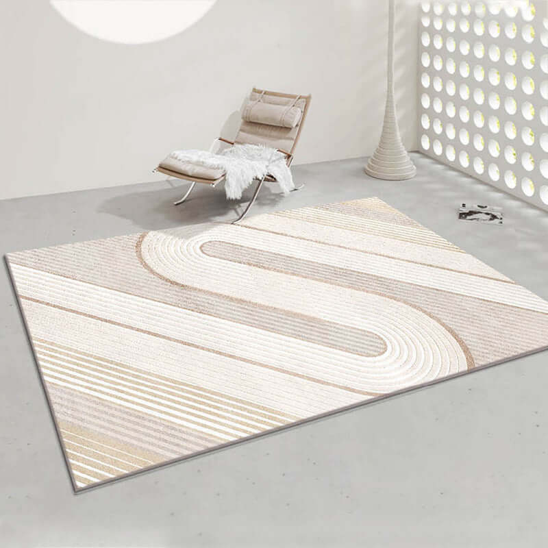 Minimalist thickened art carpet in beige with stylish curved lines, perfect for modern interiors and machine washable.